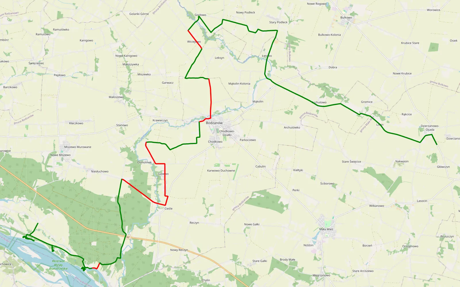 Mapa trasy Białobrzegi - Dzierżanowo - 31.3 km trasy offroad, Powiat Płocki