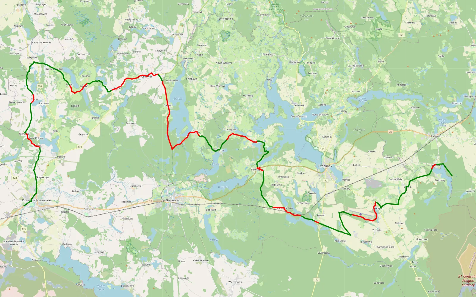 Mapa trasy Drawsko Pomorskie - Ostroróg - 83.8 km trasy offroad, Powiat Drawski