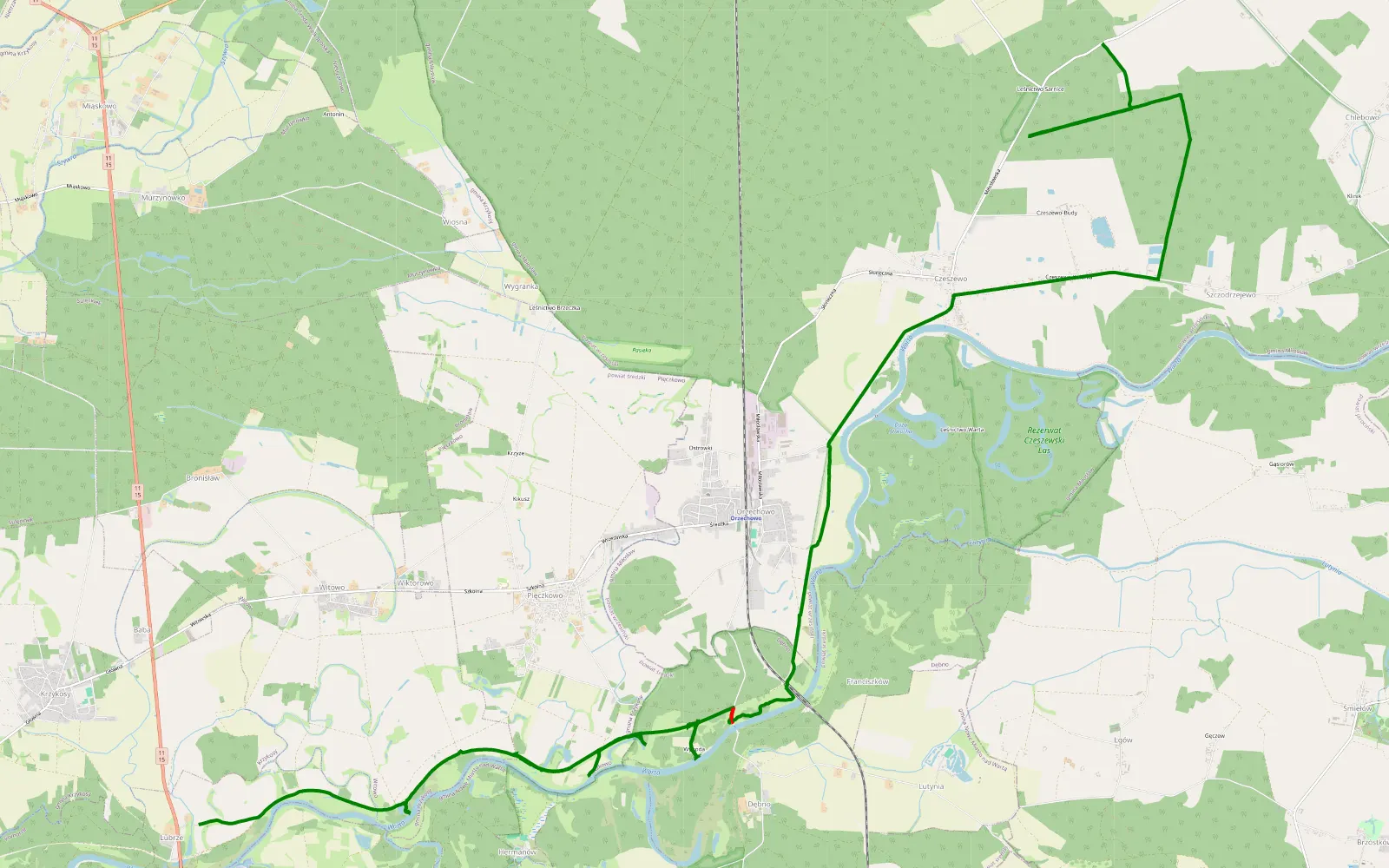 Map of Nowe Miasto nad Wartą - Mikuszewo - 18.3 km offroad trail, Środa Wielkopolska County