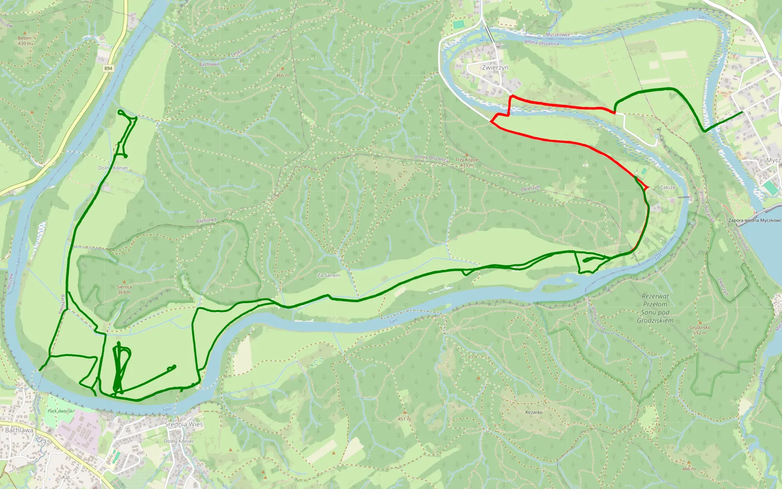 Map of Myczkowce trasa nr 1 zaczyna się od 2 przejazdów przez rzekę - 26.5 km offroad trail, Lesko County