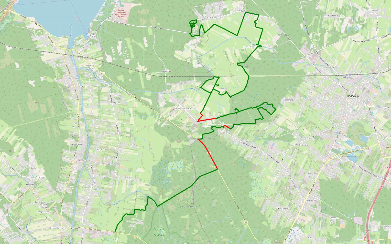 Mapa trasy Stanisławów Pierwszy - Beniaminów - 24.5 km trasy offroad, Powiat Wołomiński