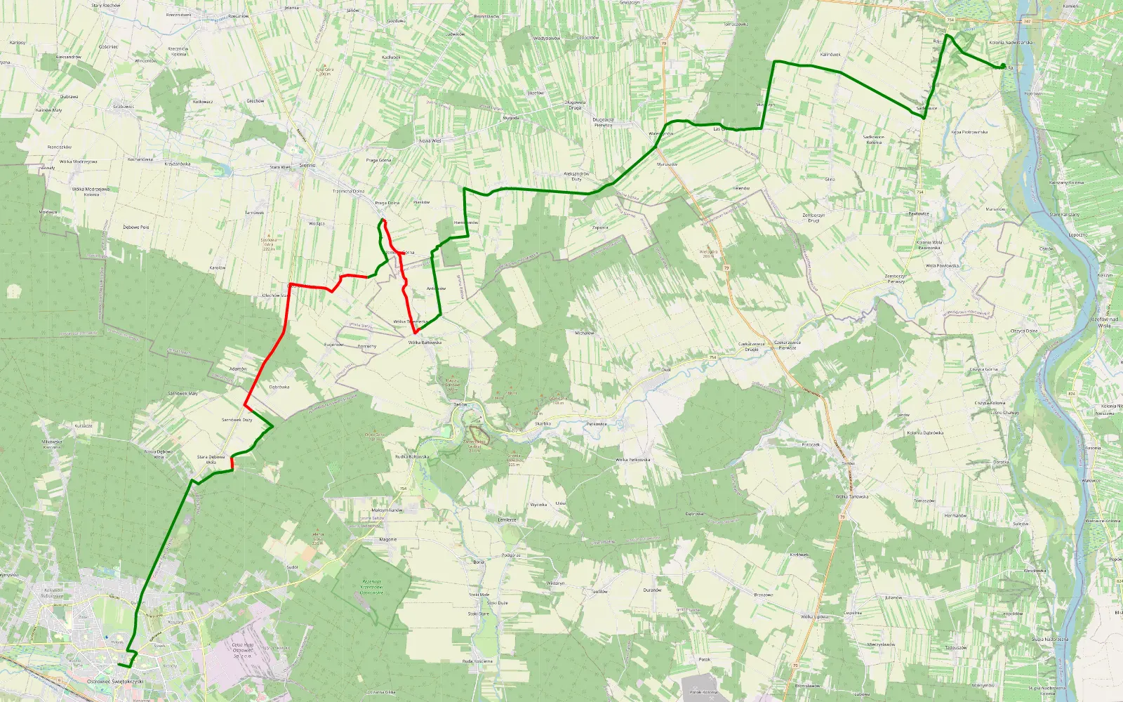 Map of Ostrowiec Świętokrzyski - Kolonia Nadwiślańska - 18.8 km offroad trail, Lipsko County