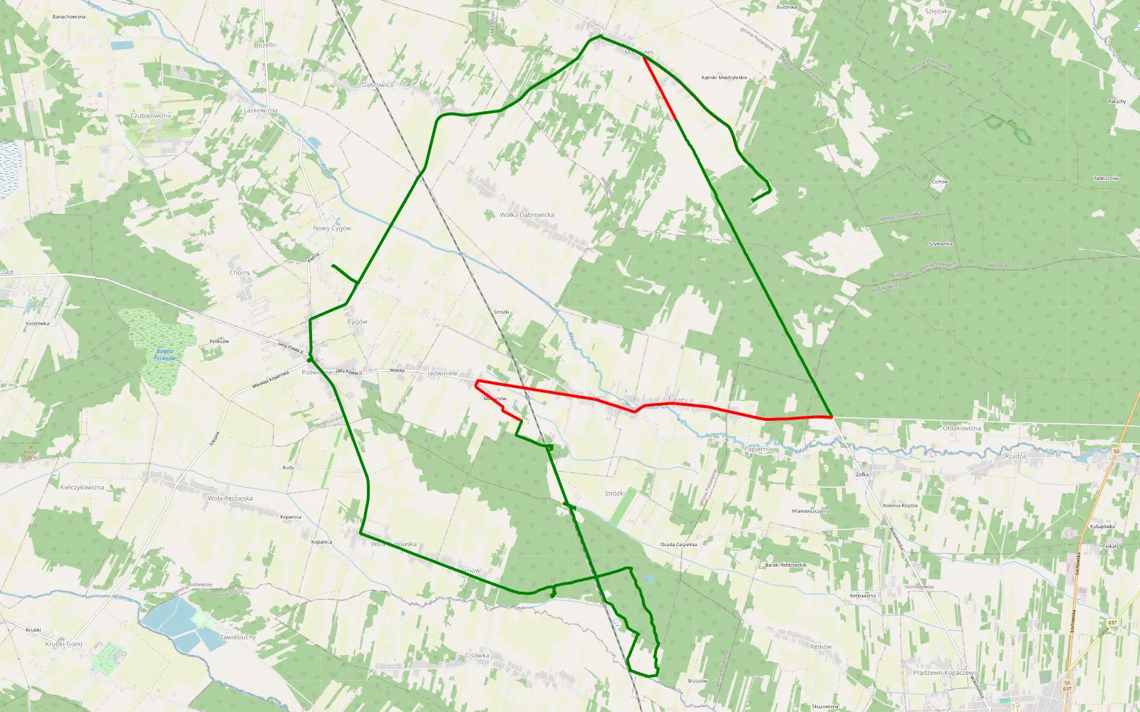 Mapa trasy Lajtowa traska - 21.5 km trasy offroad, Powiat Wołomiński