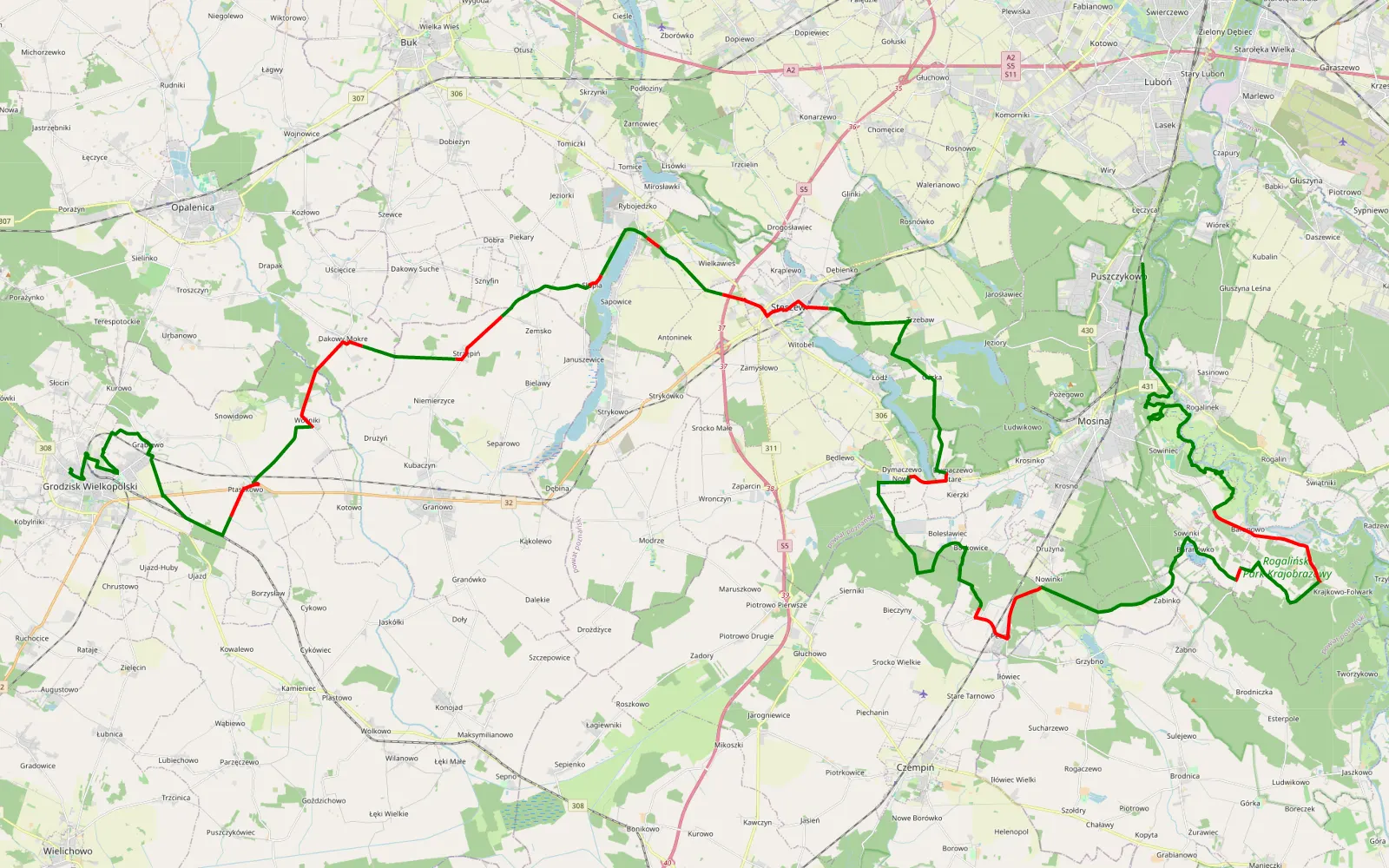 Mapa trasy Puszczykowo - Grodzisk Wielkopolski - 82.9 km trasy offroad, Powiat Poznański