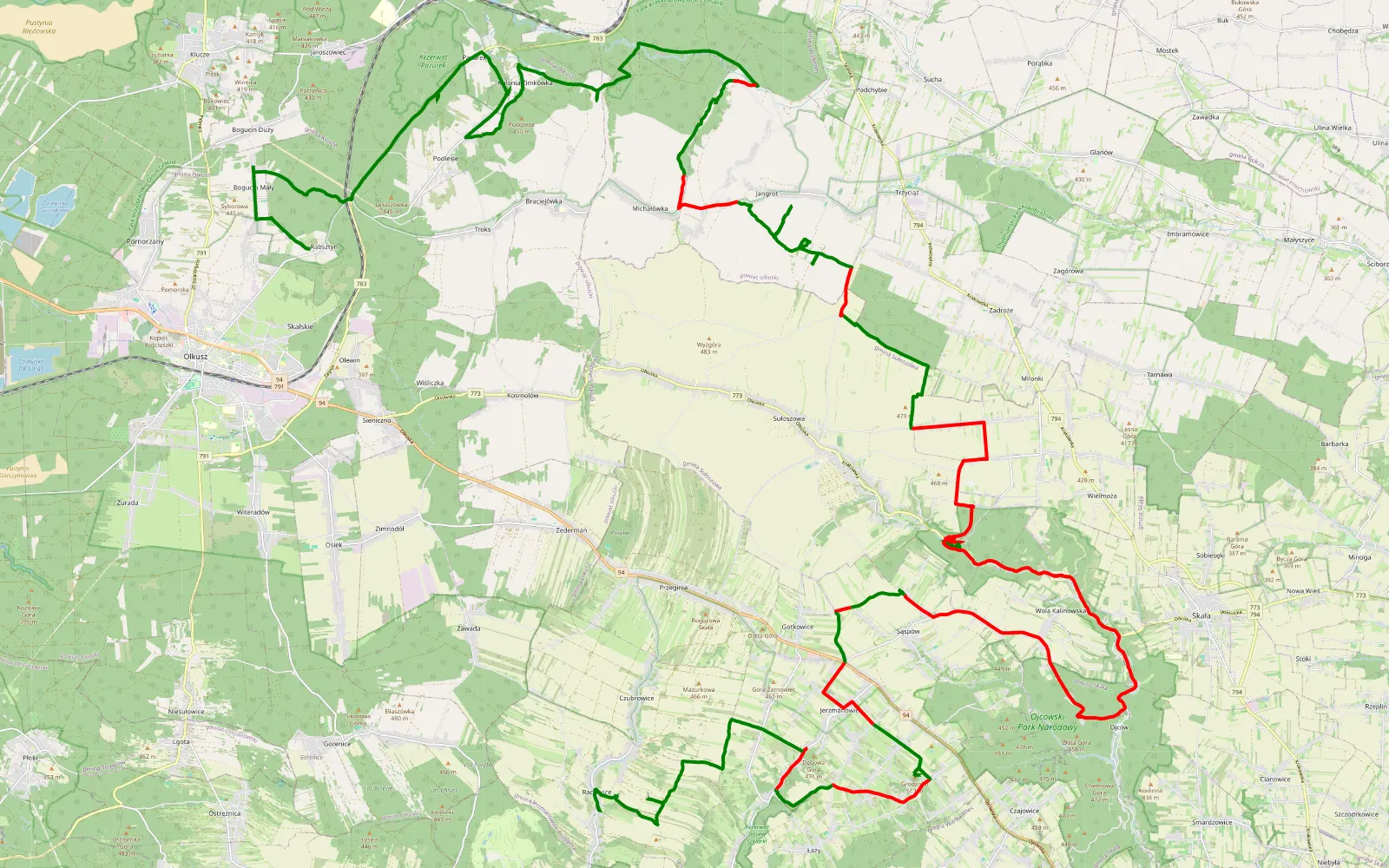 Mapa trasy Rabsztyn - Źródło Pióro - Racławice - 63.4 km trasy offroad, Powiat Krakowski