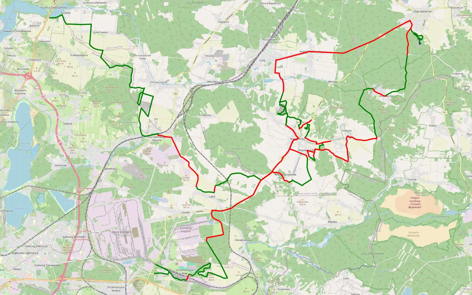 Mapa trasy Kuźnica Świętojańska - Strzemieszyce Małe - 95.9 km trasy offroad, Powiat Zawierciański
