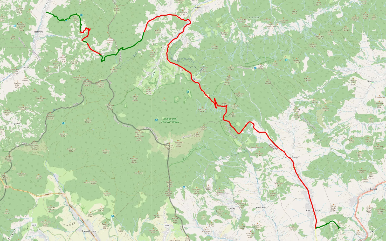 Map of Koszarawa - Przełecz Krowiarki - Zubrzyca Dolna - 45 km offroad trail, Nowy Targ County