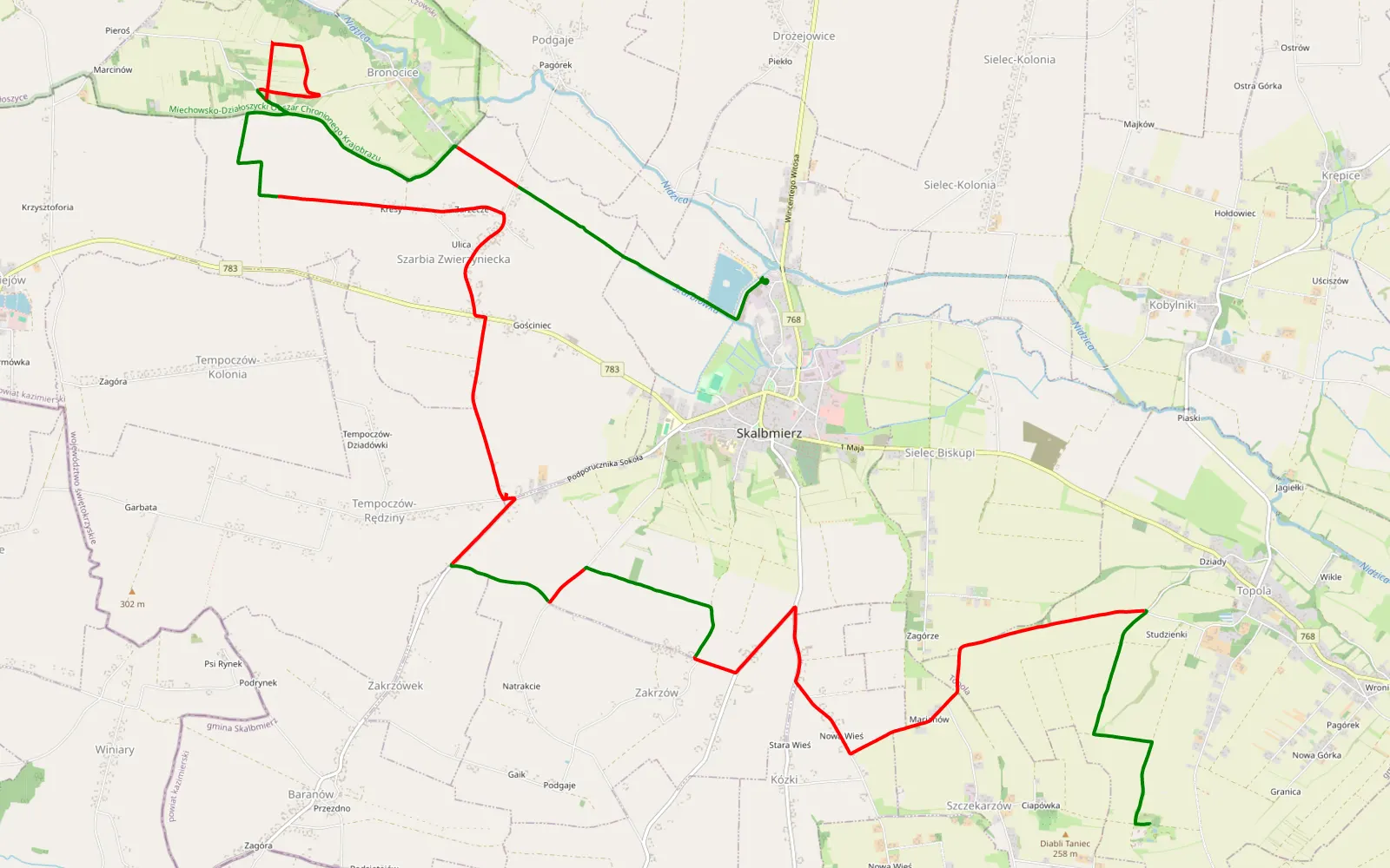 Mapa trasy Topola - Skalbmierz - 21.4 km trasy offroad, Powiat Kazimierski