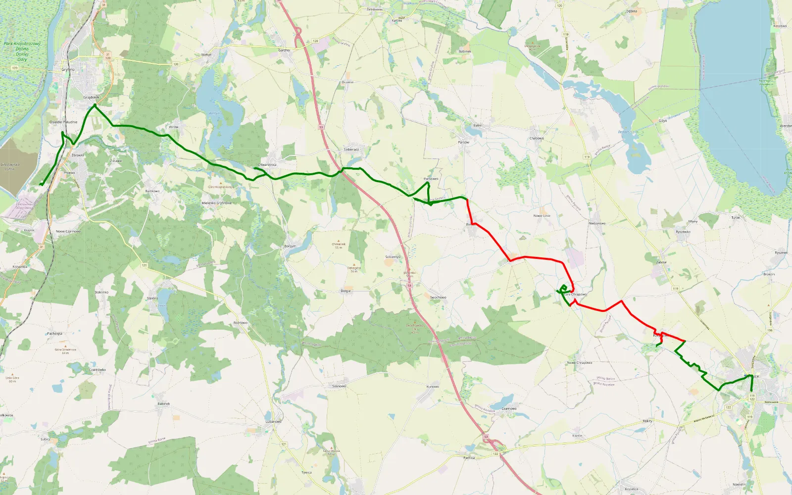 Map of Pyrzyce - Krzywy Las - 26.9 km offroad trail, Pyrzyce County