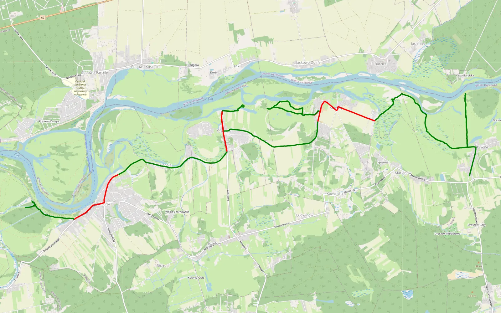 Mapa trasy Dąbrowa Arciechowska - Dręszew - 20.4 km trasy offroad, Powiat Wołomiński