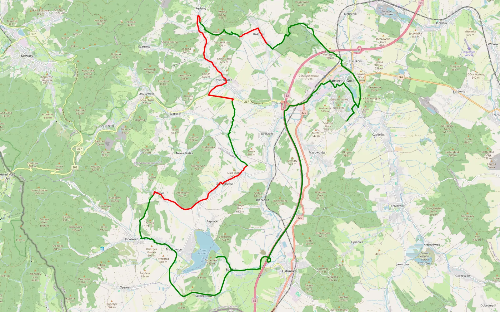 Mapa trasy Kamienna Góra - Raszów - 24 km trasy offroad, Powiat Kamiennogórski