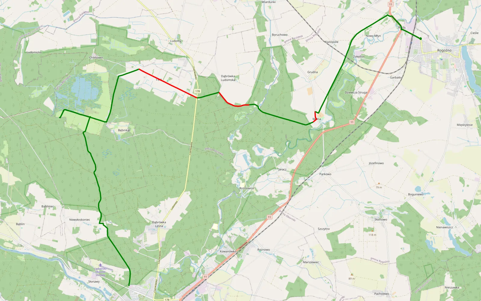 Mapa trasy Słonawy - Rogoźno - 29.8 km trasy offroad, Powiat Obornicki