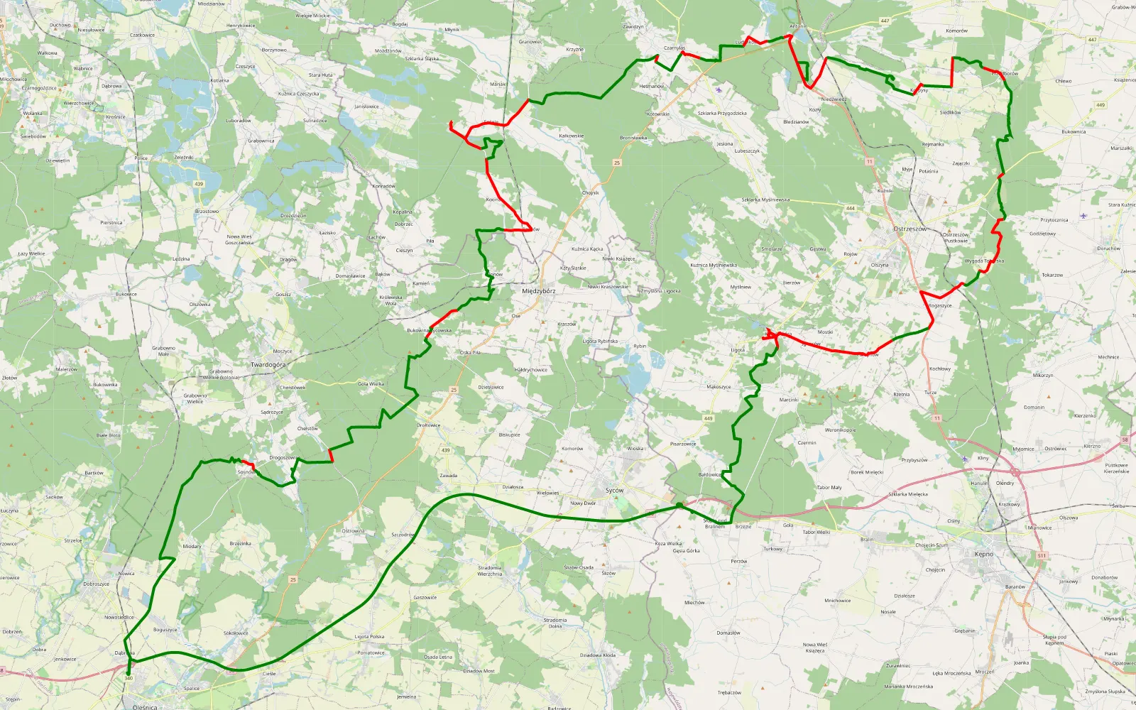 Mapa trasy Oława 4cale 25.01.2026 - 130.9 km trasy offroad, Powiat Ostrzeszowski