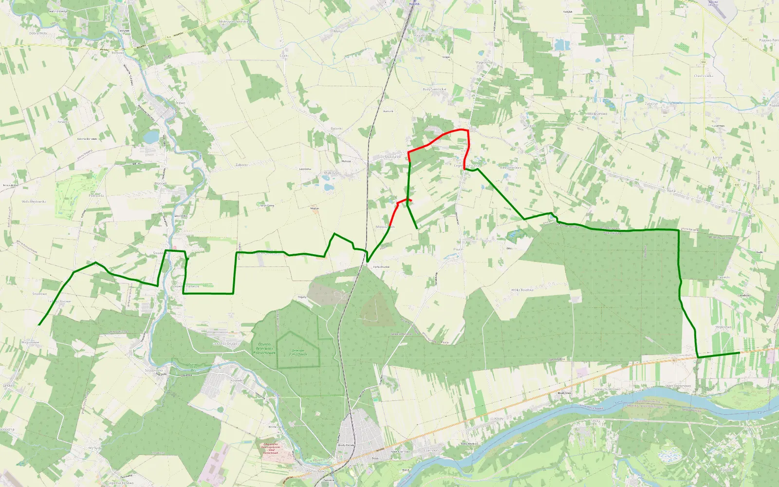 Mapa trasy Śniadowo - Debe Sady - 17 km trasy offroad, Powiat Nowodworski
