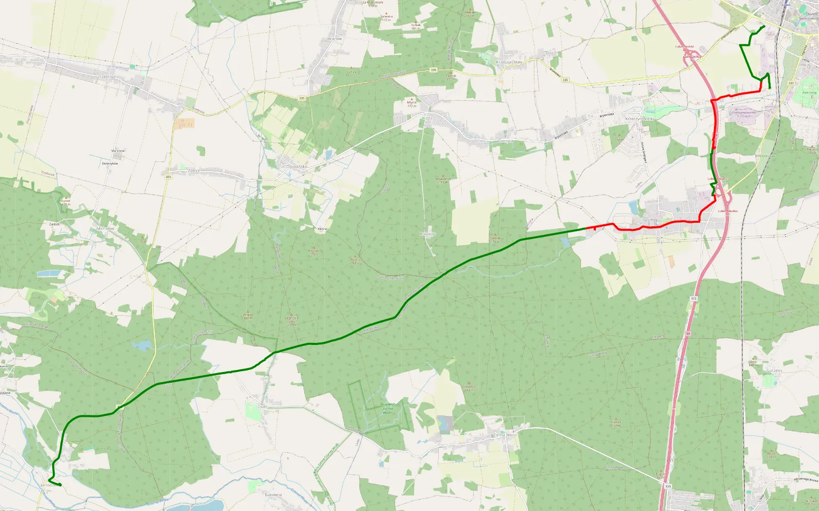 Mapa trasy Jaroszówka - Lubin - 16.8 km trasy offroad, Powiat Lubiński