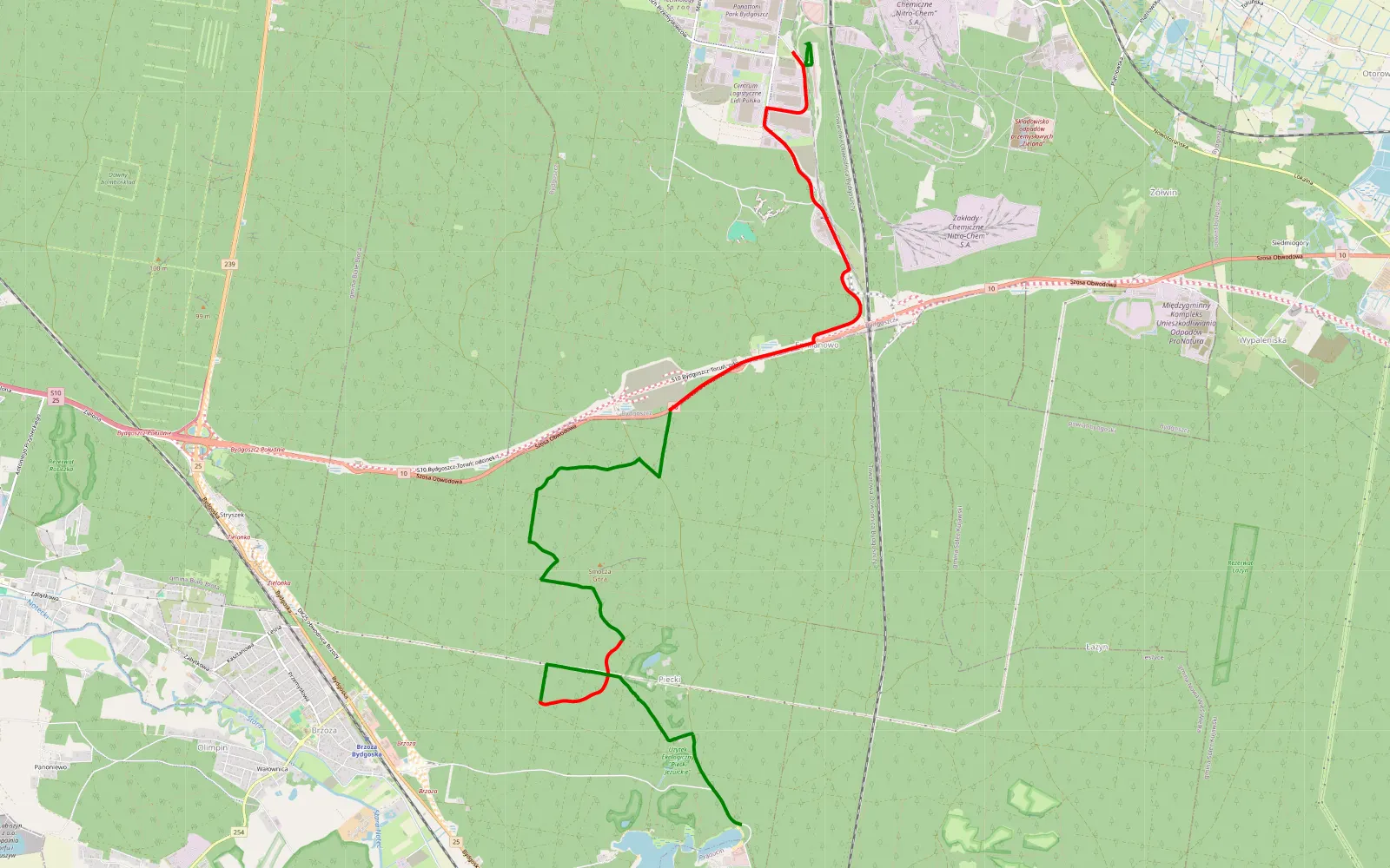 Mapa trasy Łęgnowo I - Piecki - 13.1 km trasy offroad, Powiat Bydgoski