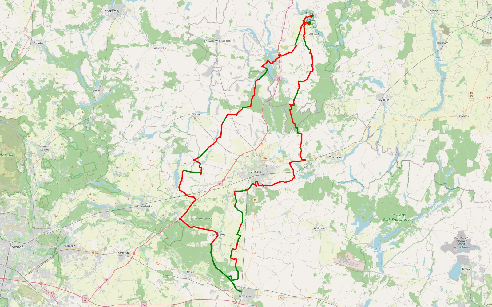 Mapa trasy Przyborki - 162.9 km trasy offroad, Powiat Gnieźnieński
