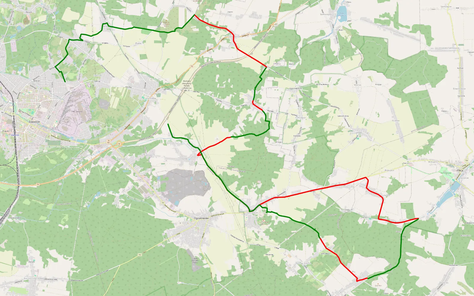 Mapa trasy Nocny przelot - 30.7 km trasy offroad, Powiat Zawierciański