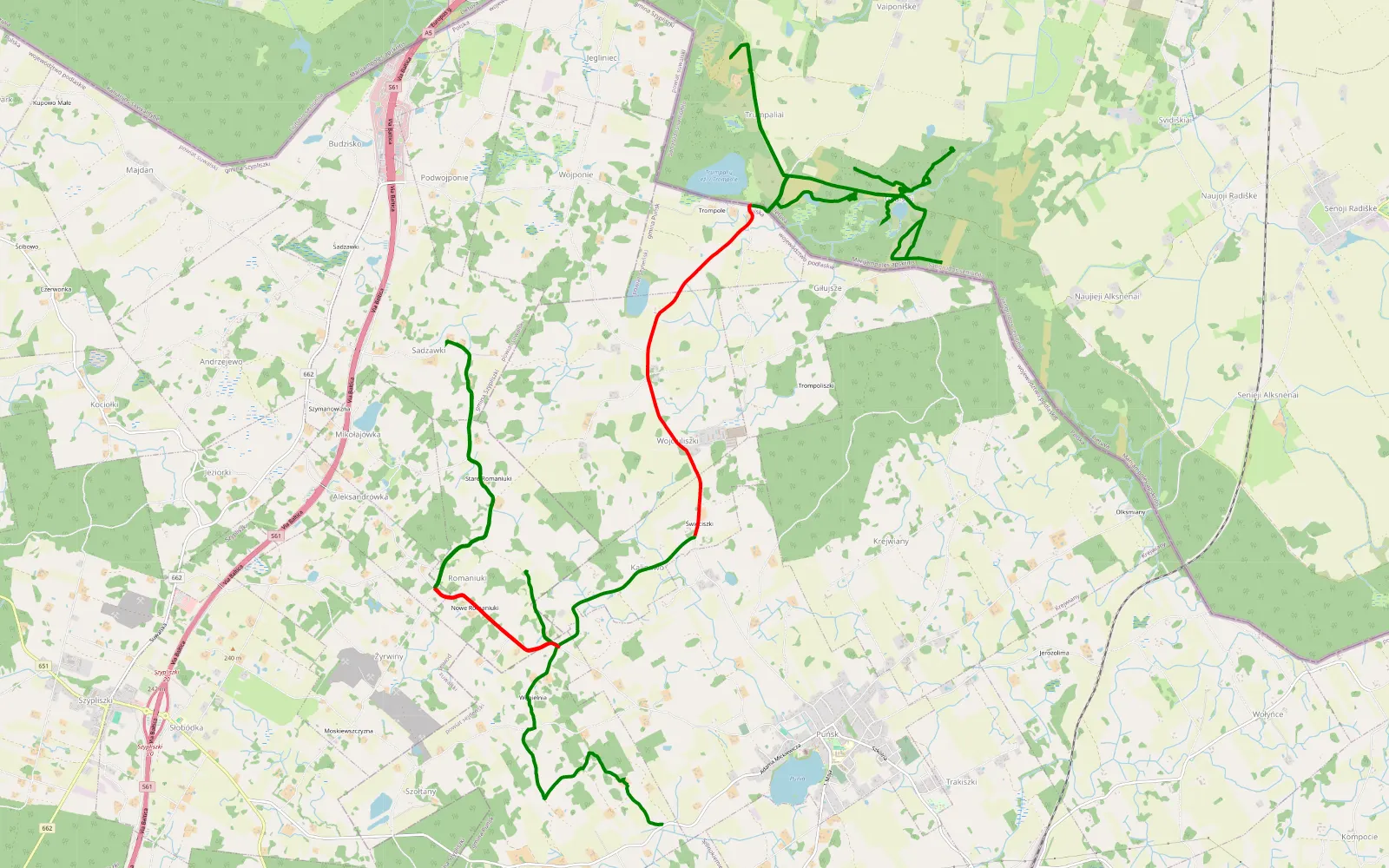 Mapa trasy Szołtany - Trumpaliai - 31.4 km trasy offroad, Kalvarijos savivaldybė