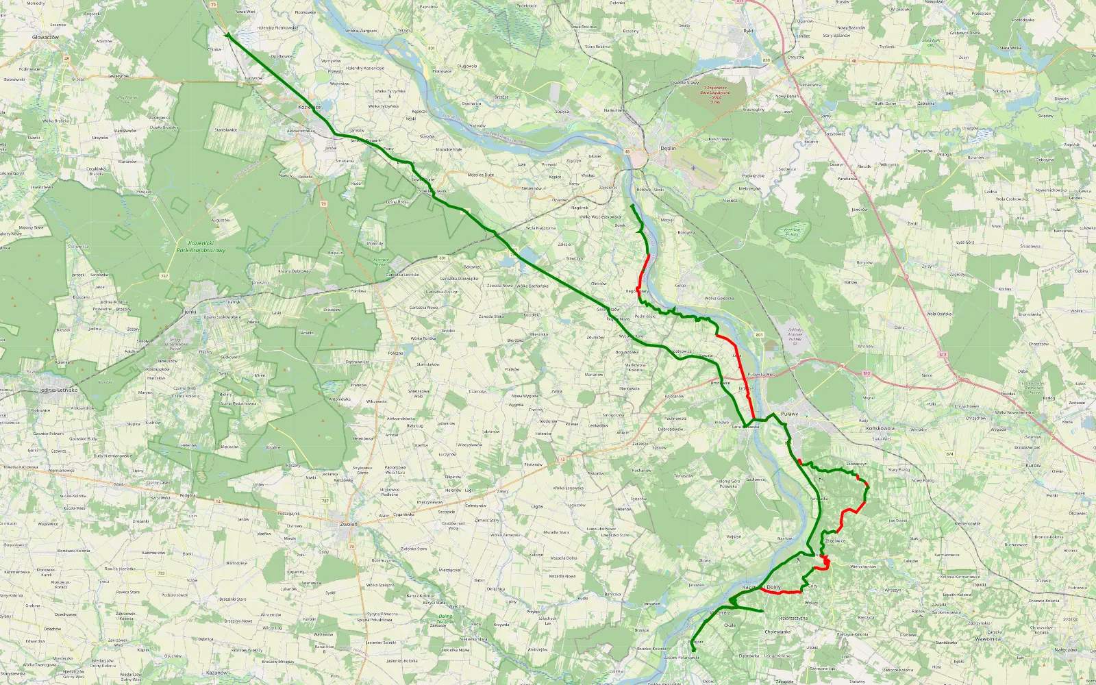 Mapa trasy Borowa - Chinów Stary - 57.3 km trasy offroad, Powiat Puławski