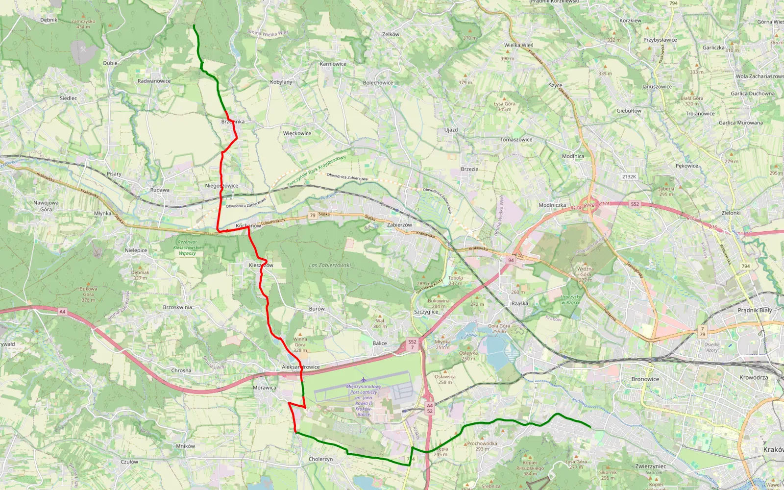 Mapa trasy Wola Justowska - Brzezinka - 20.5 km trasy offroad, Powiat Krakowski