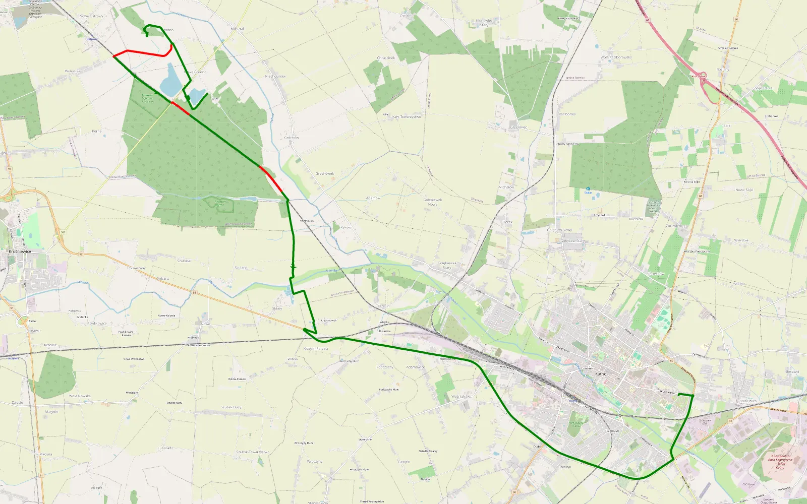 Mapa trasy Grodno Nowe - Kutno mokradla lasy lod - 15.6 km trasy offroad, Powiat Kutnowski