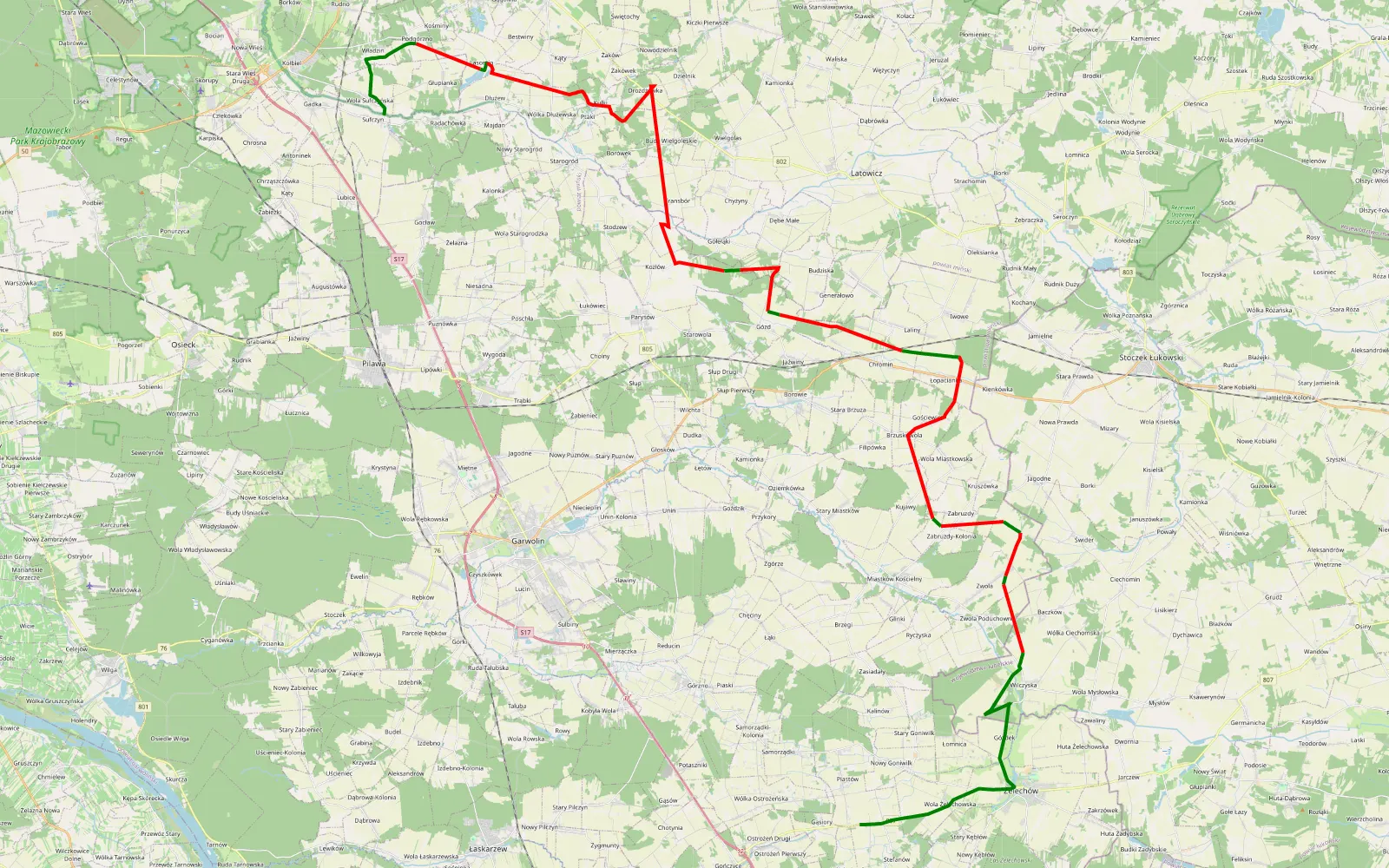 Mapa trasy Wola Sufczyńska - Piastów - 51.5 km trasy offroad, Powiat Garwoliński