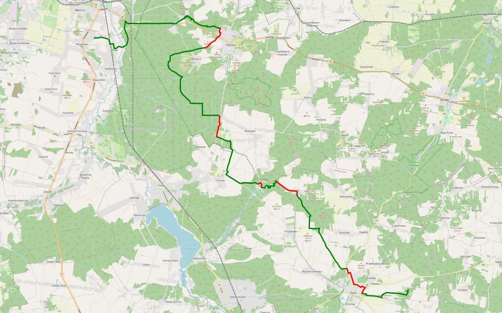 Mapa trasy Wyjazd Błeszno Żarki - 32.6 km trasy offroad, Powiat Myszkowski