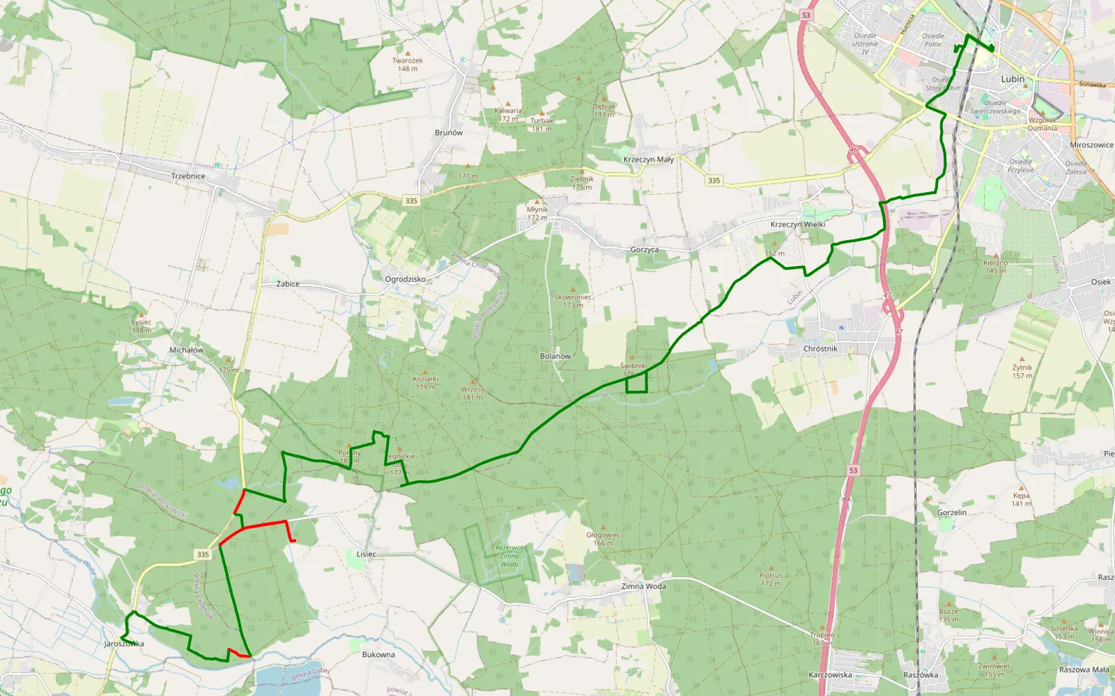 Map of Lubin - Jaroszówka - 22.6 km offroad trail, Lubin County