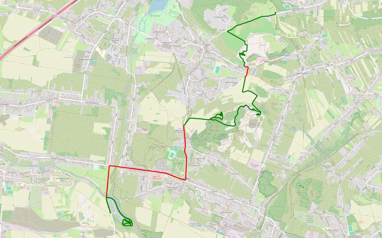 Mapa trasy Góra Siewierska - Żychcice - 14.6 km trasy offroad, Powiat Będziński