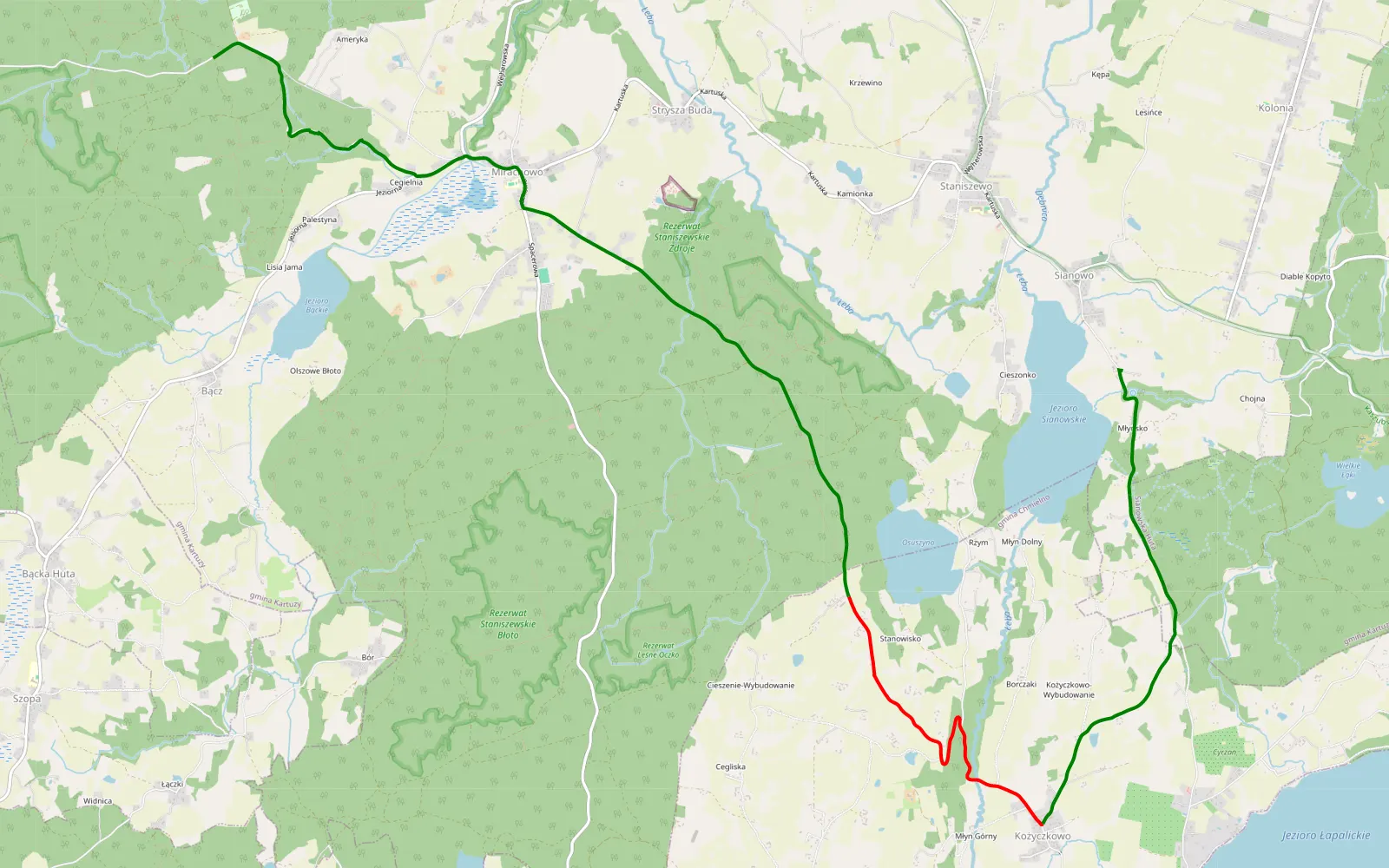 Mapa trasy Mirachowo - Sianowo - 9 km trasy offroad, Powiat Kartuski