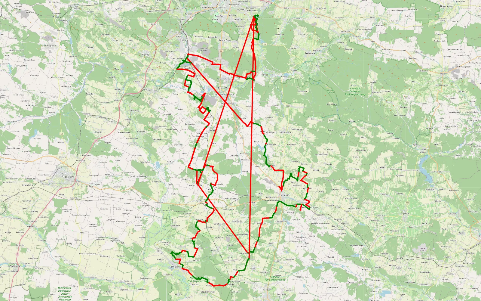 Mapa trasy WOŚP 2026 - 505.7 km trasy offroad, Powiat Kielecki