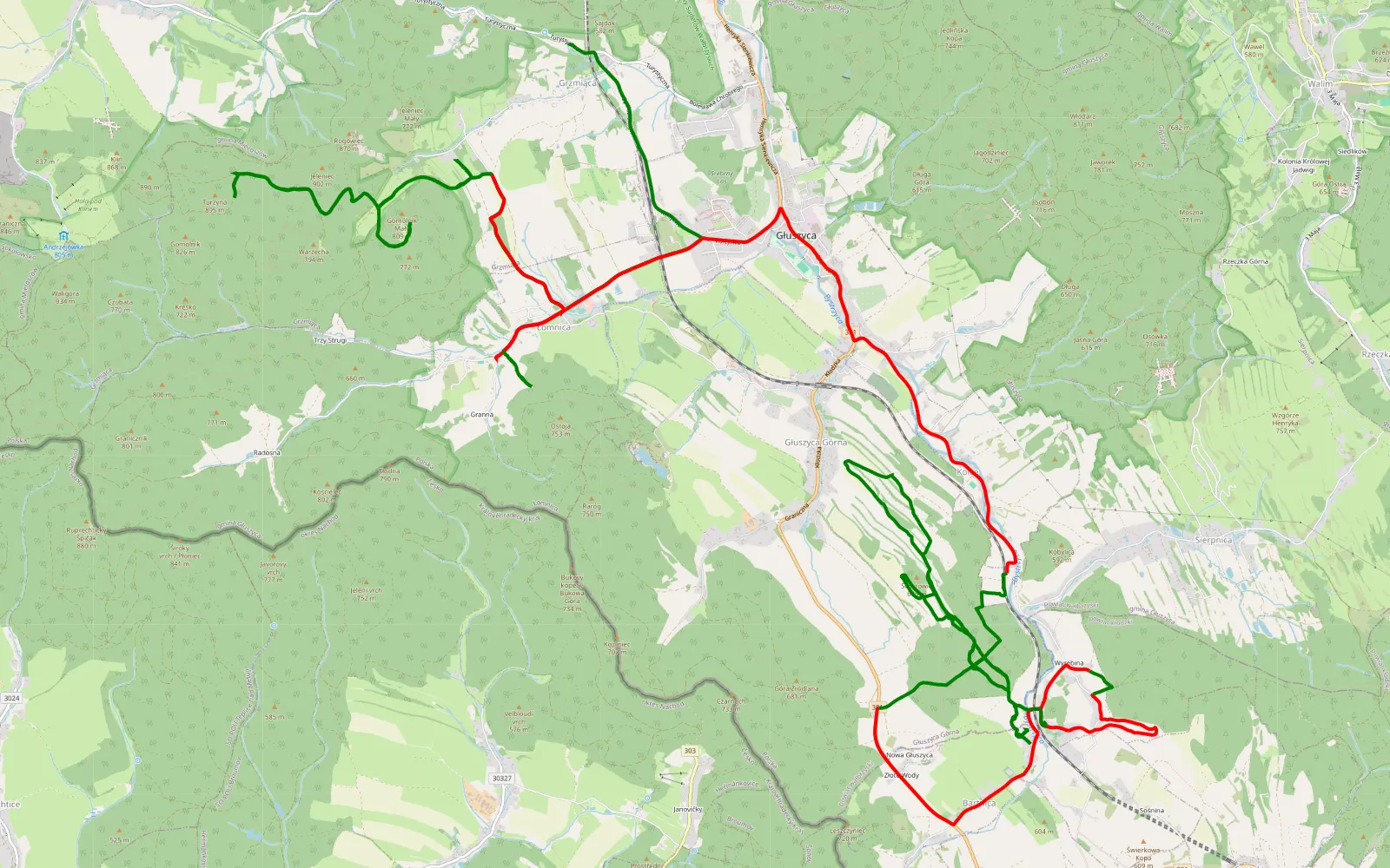 Mapa trasy Grzmiąca - Bartnica - 38.7 km trasy offroad, Powiat Wałbrzyski