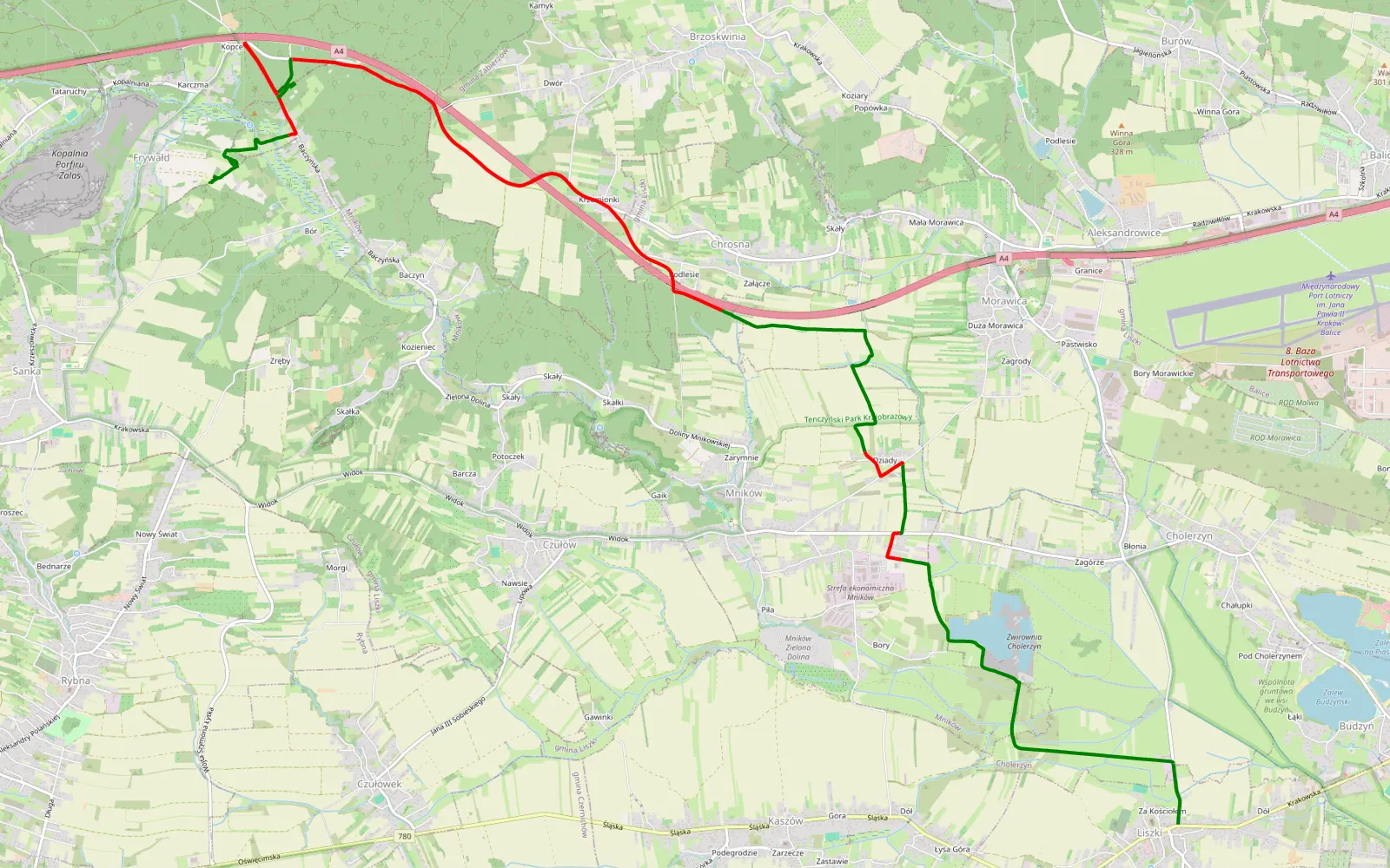 Mapa trasy Frywałd - Liszki - 14.9 km trasy offroad, Powiat Krakowski