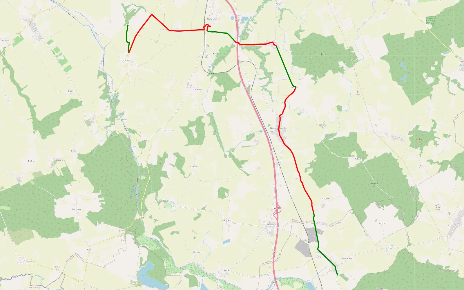 Mapa trasy Krasin - Sambród Mały - 16.8 km trasy offroad, Powiat Elbląski