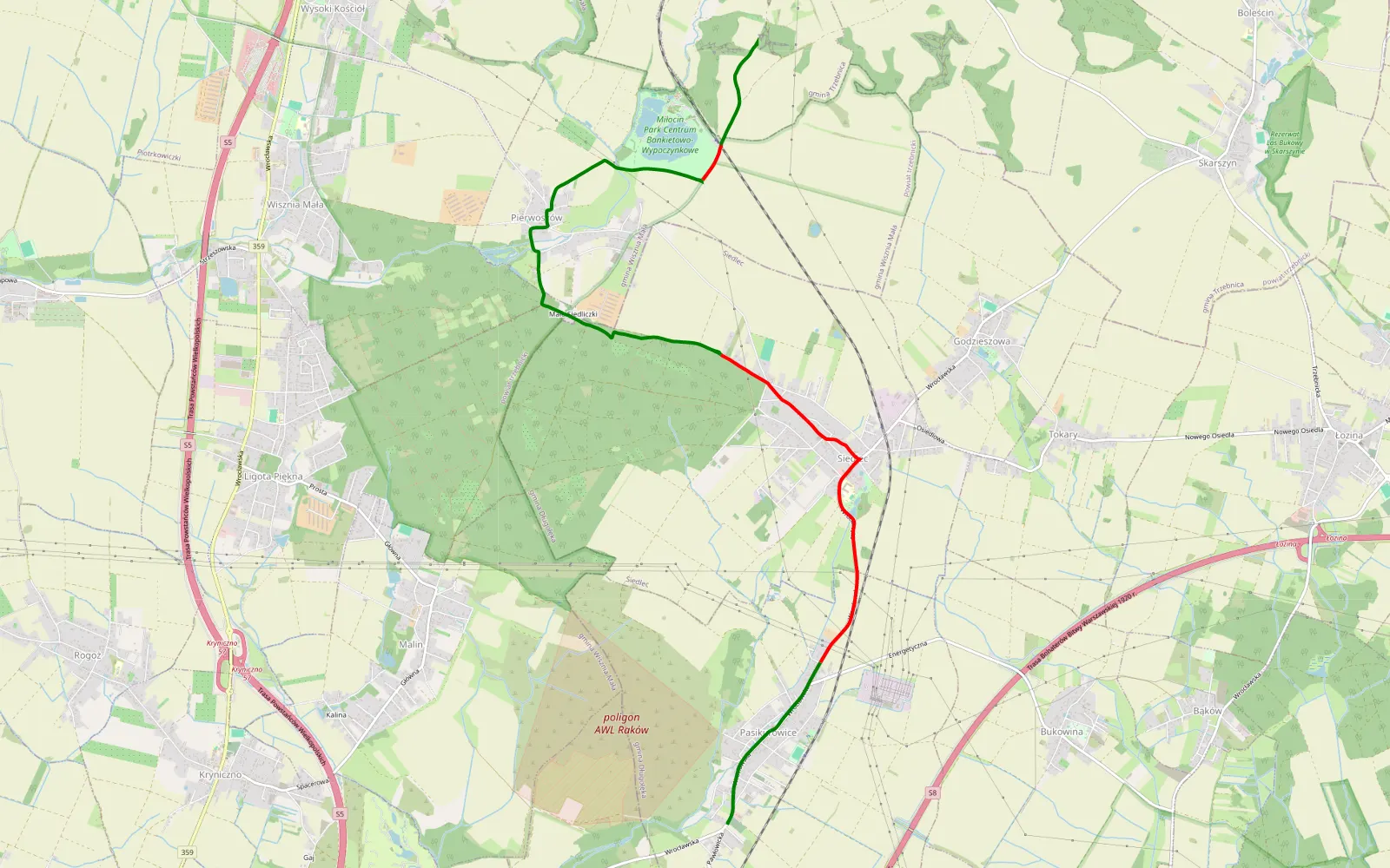 Mapa trasy Pasikurowice - Głuchów Górny - 9.5 km trasy offroad, Powiat Wrocławski