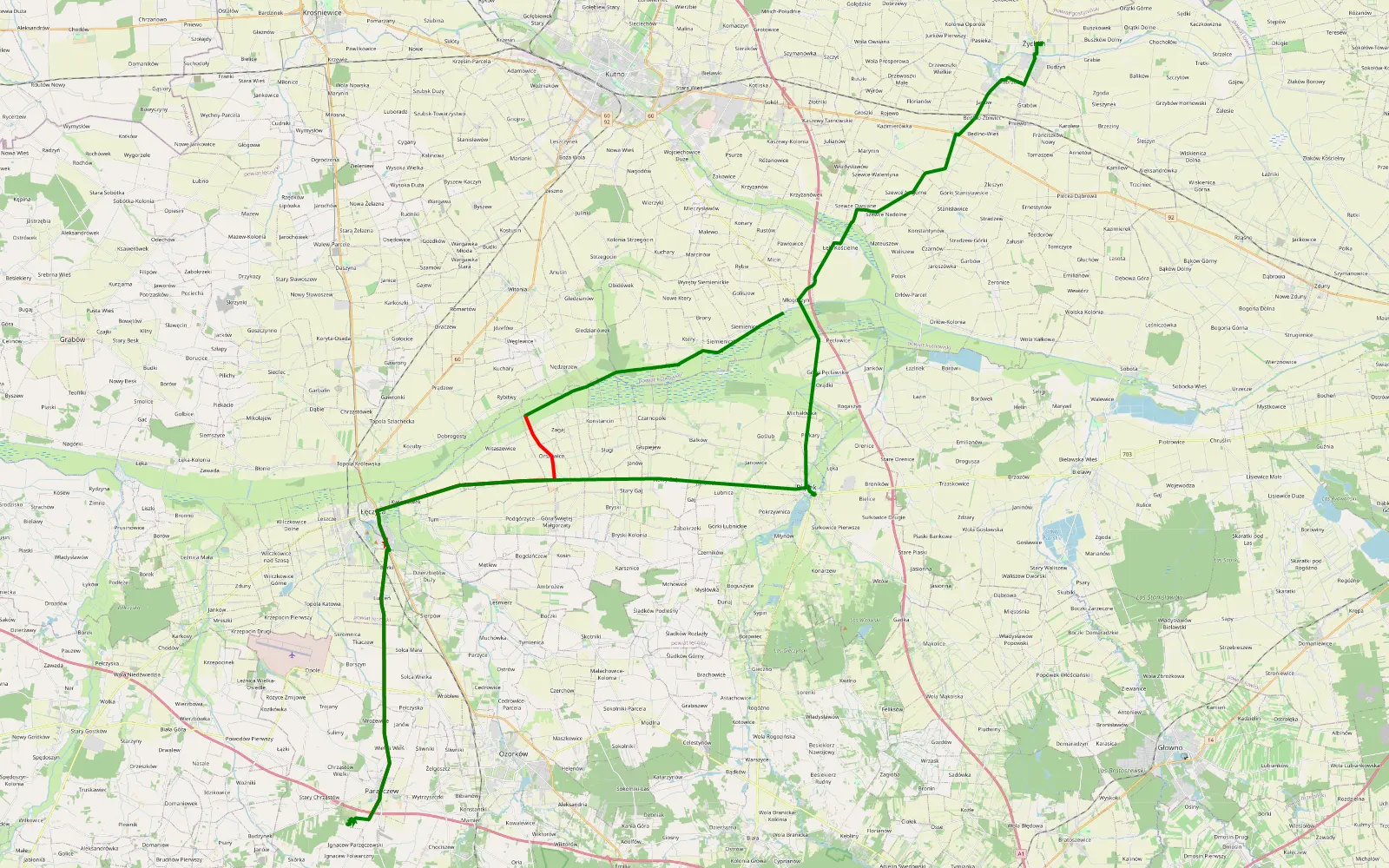 Mapa trasy Stefanów - Żychlin - 42.7 km trasy offroad, Powiat Zgierski