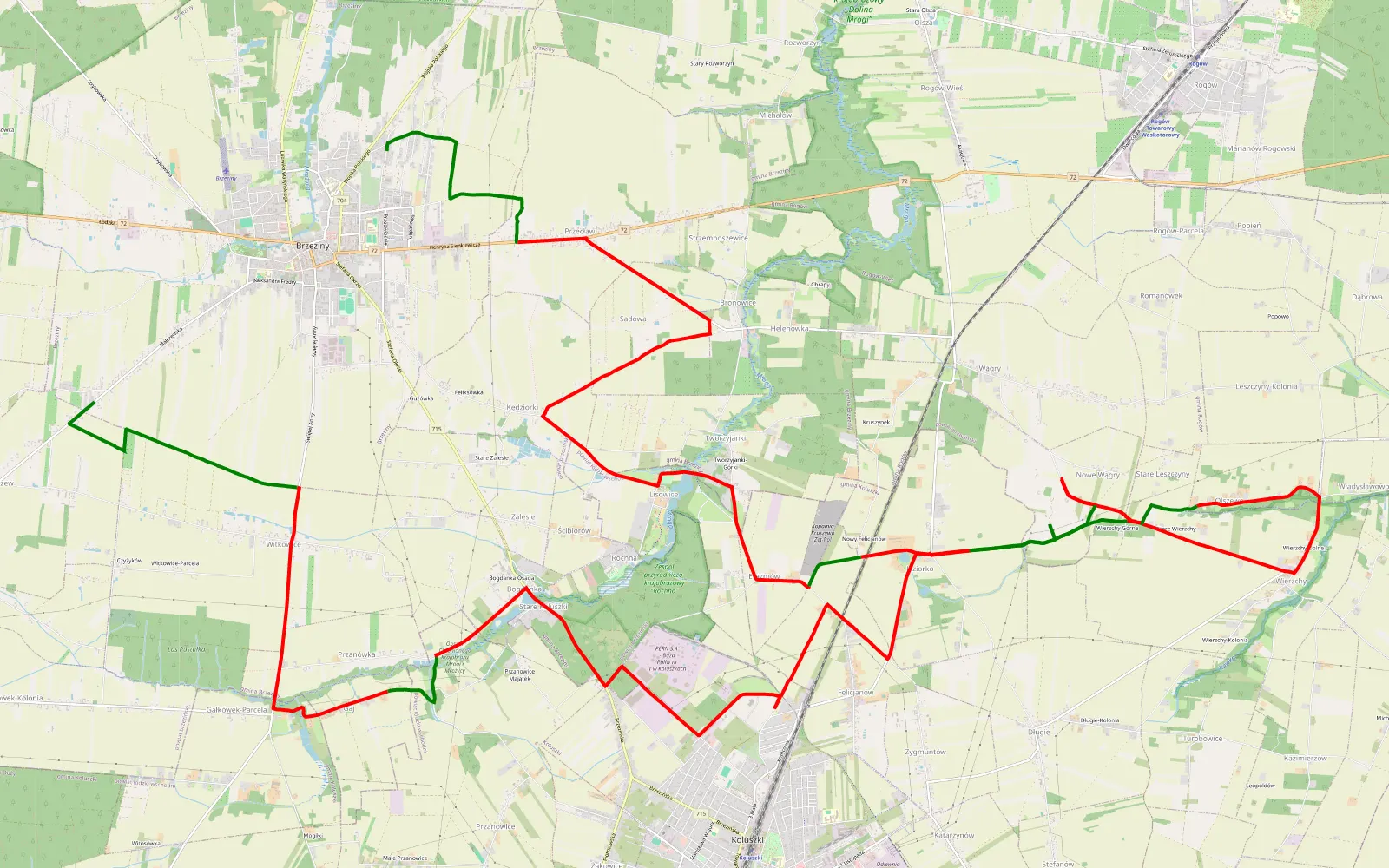 Mapa trasy Brzeziny - Małczew - 39.1 km trasy offroad, Powiat Brzeziński
