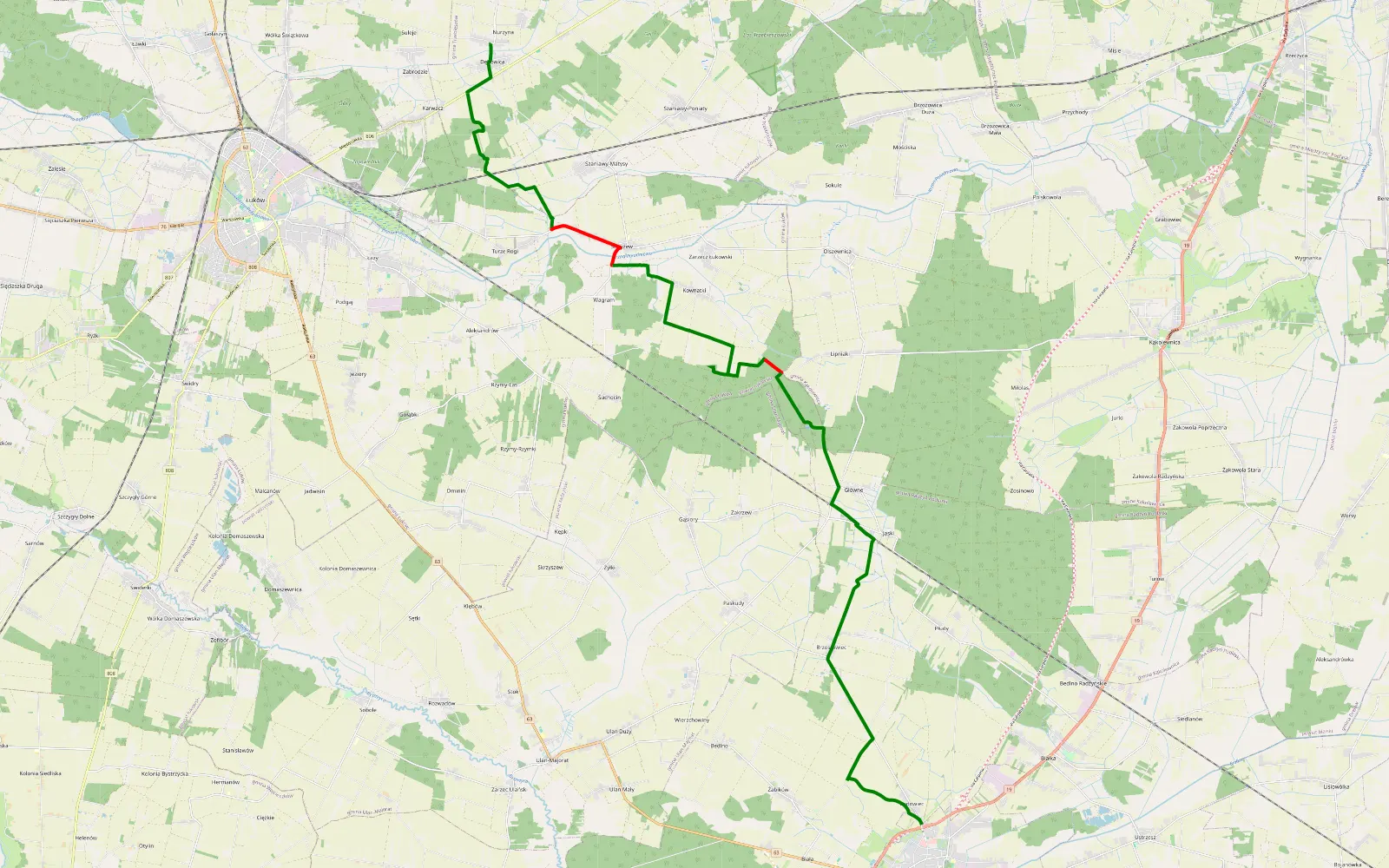 Mapa trasy Nurzyna - Radzyń Podlaski 90% szutry - 18.6 km trasy offroad, Powiat Łukowski