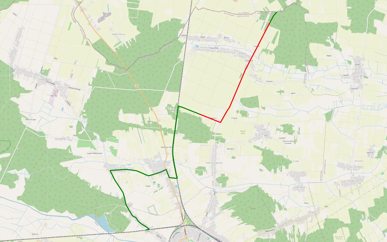 Mapa trasy Smolanka - Poważe - 6.1 km trasy offroad, Powiat Łukowski