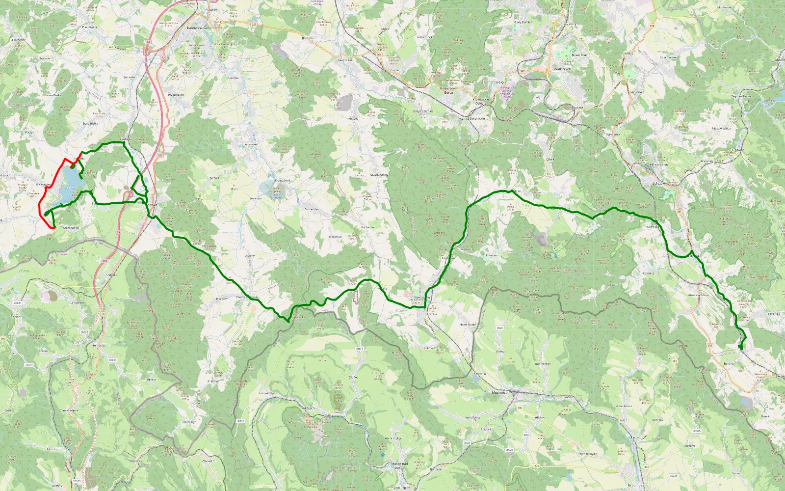 Mapa trasy Bukówka - Bartnica - 15 km trasy offroad, Powiat Kamiennogórski