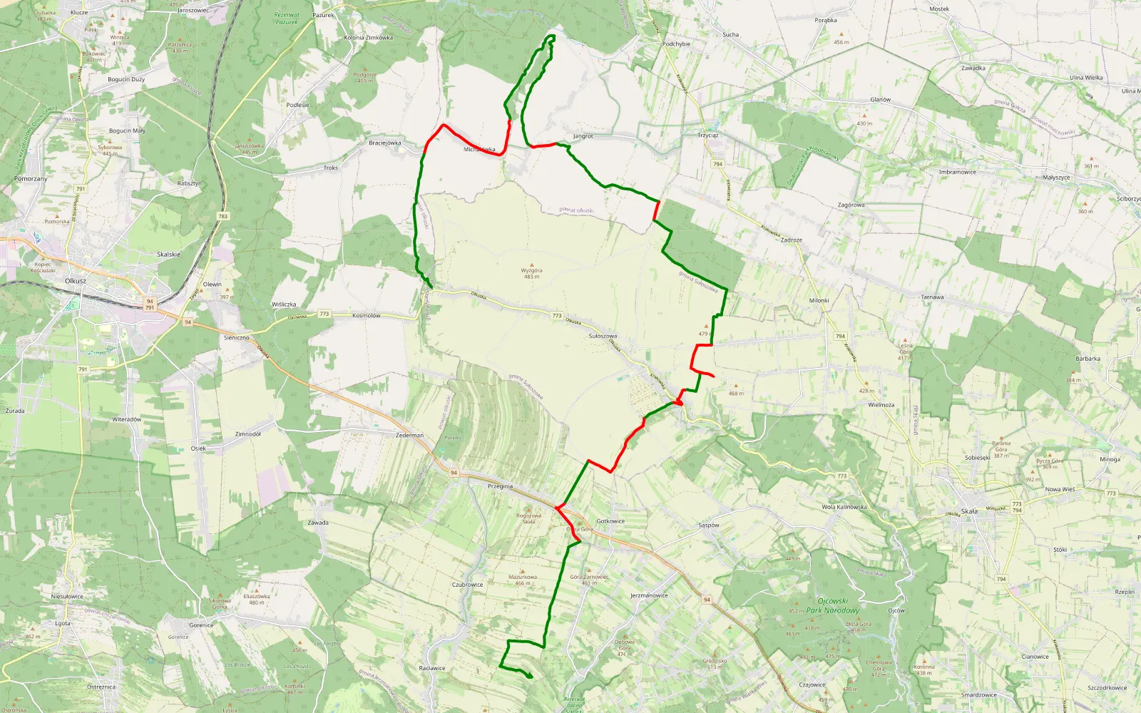 Mapa trasy Szklary - Kosmolów - 34 km trasy offroad, Powiat Olkuski