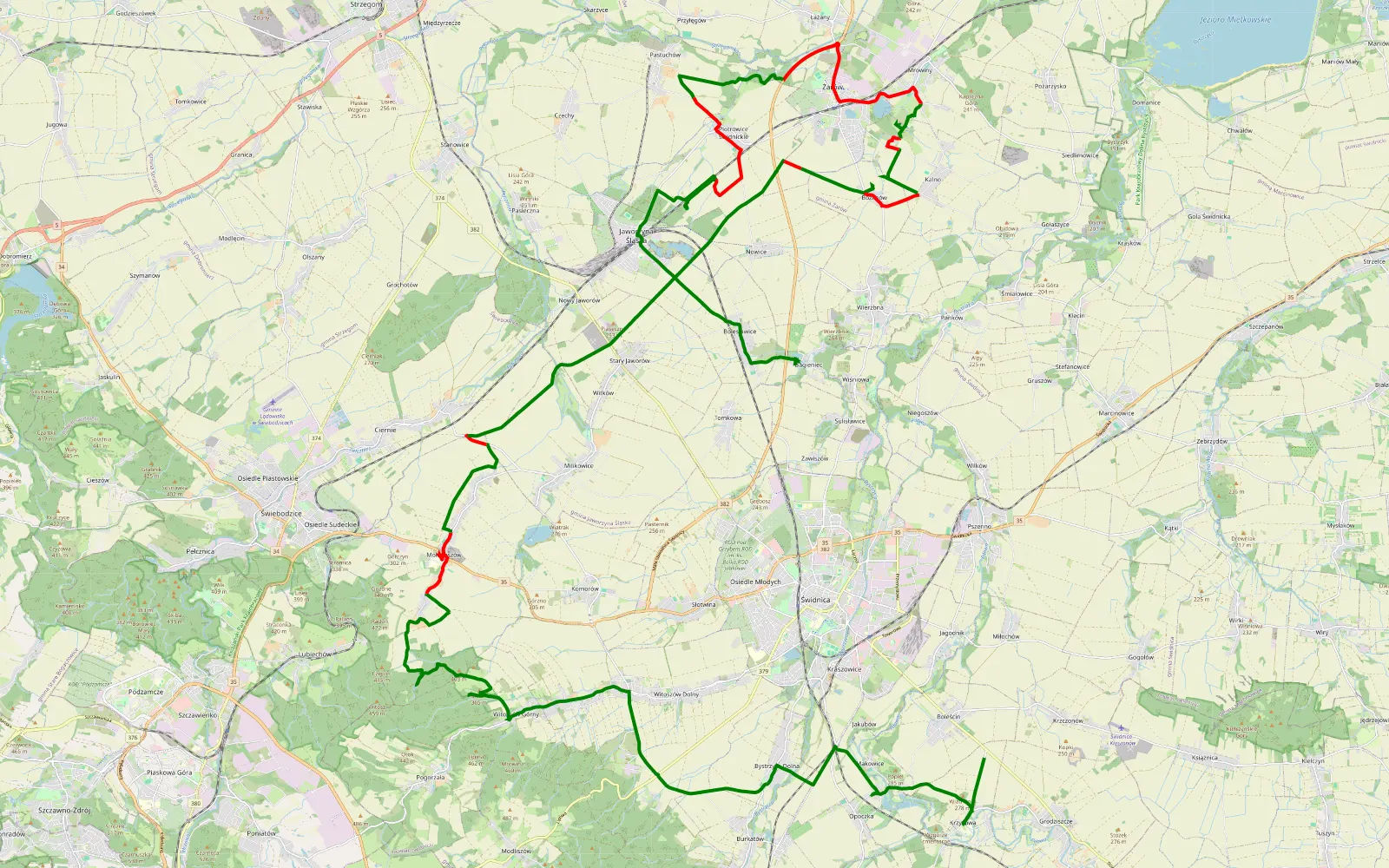 Mapa trasy Krzyżowa - Bagieniec - 45.8 km trasy offroad, Powiat Świdnicki