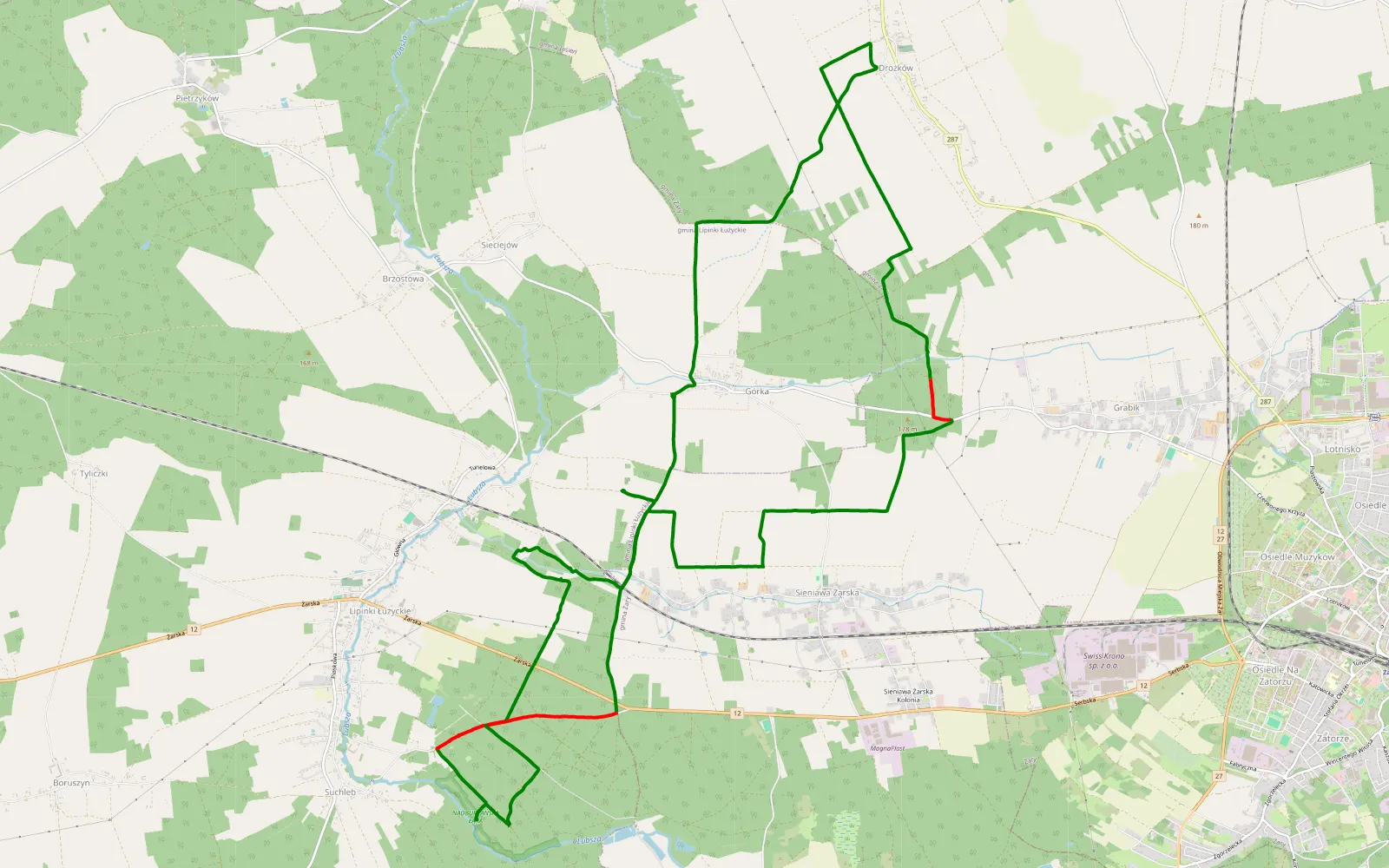 Map of Górka - 25.4 km offroad trail, Żary County