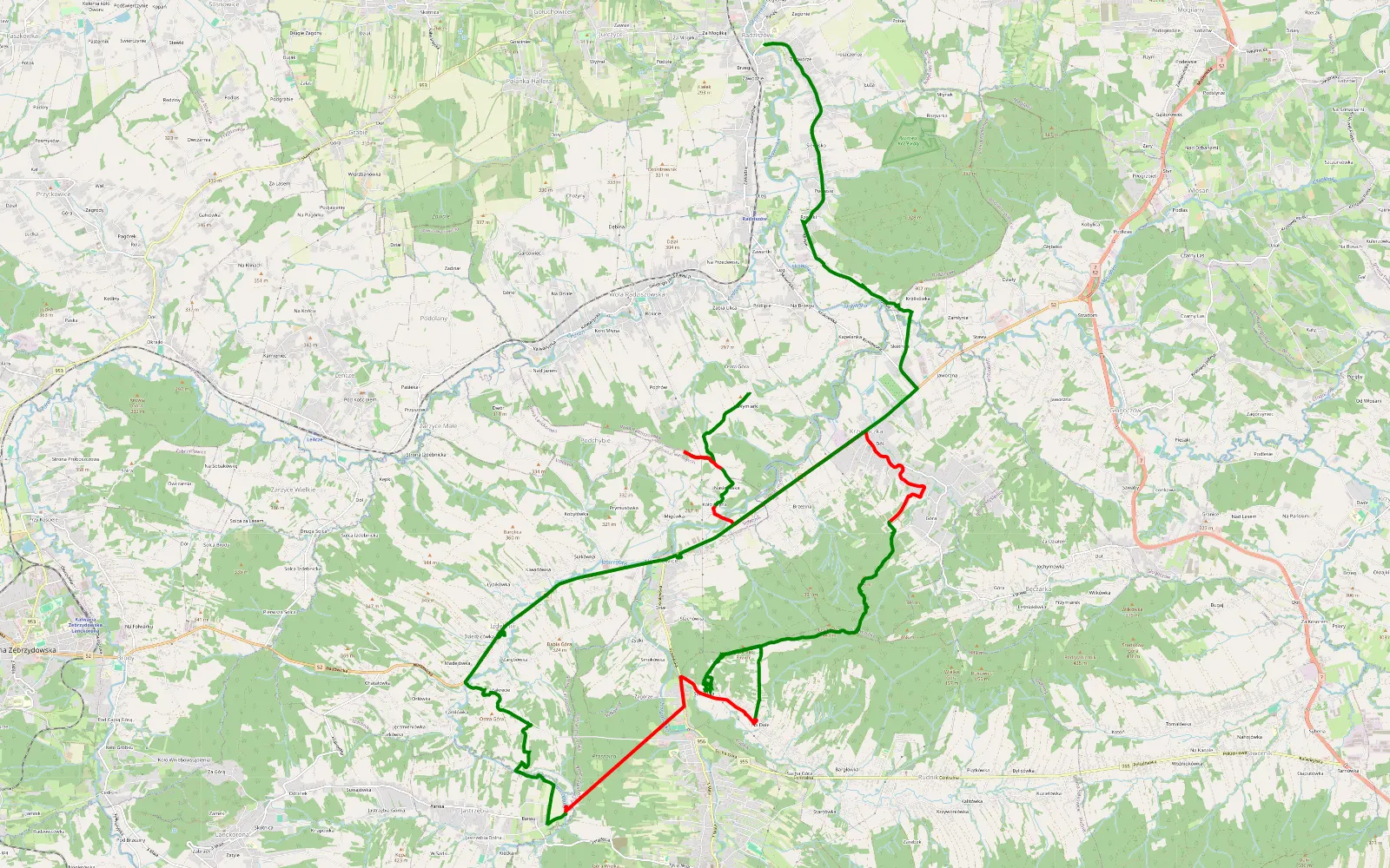 Mapa trasy Podchybie - Radziszów - 21.3 km trasy offroad, Powiat Myślenicki