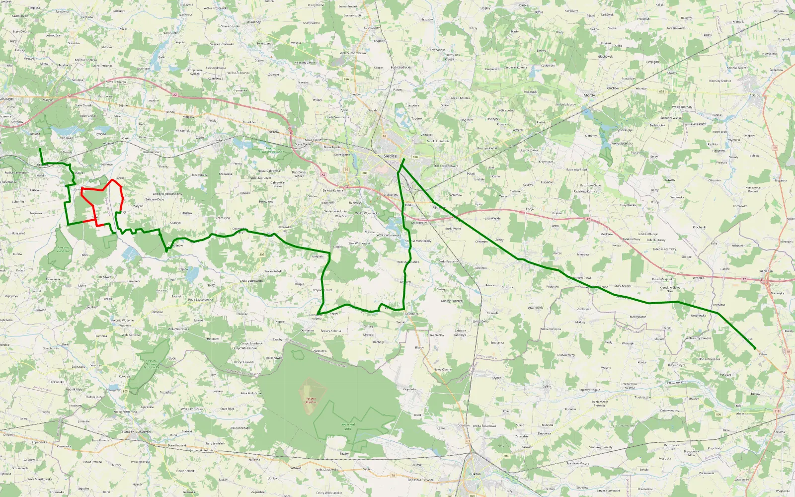 Map of Gojść - Żabce - 32.6 km offroad trail, Siedlce County