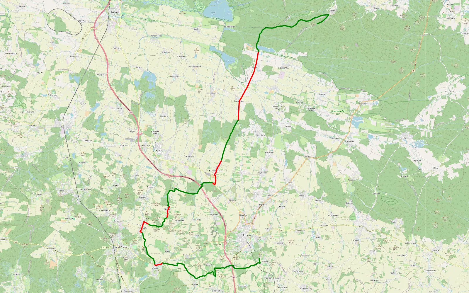 Mapa trasy Świątniki - Gruszeczka - 41 km trasy offroad, Powiat Trzebnicki