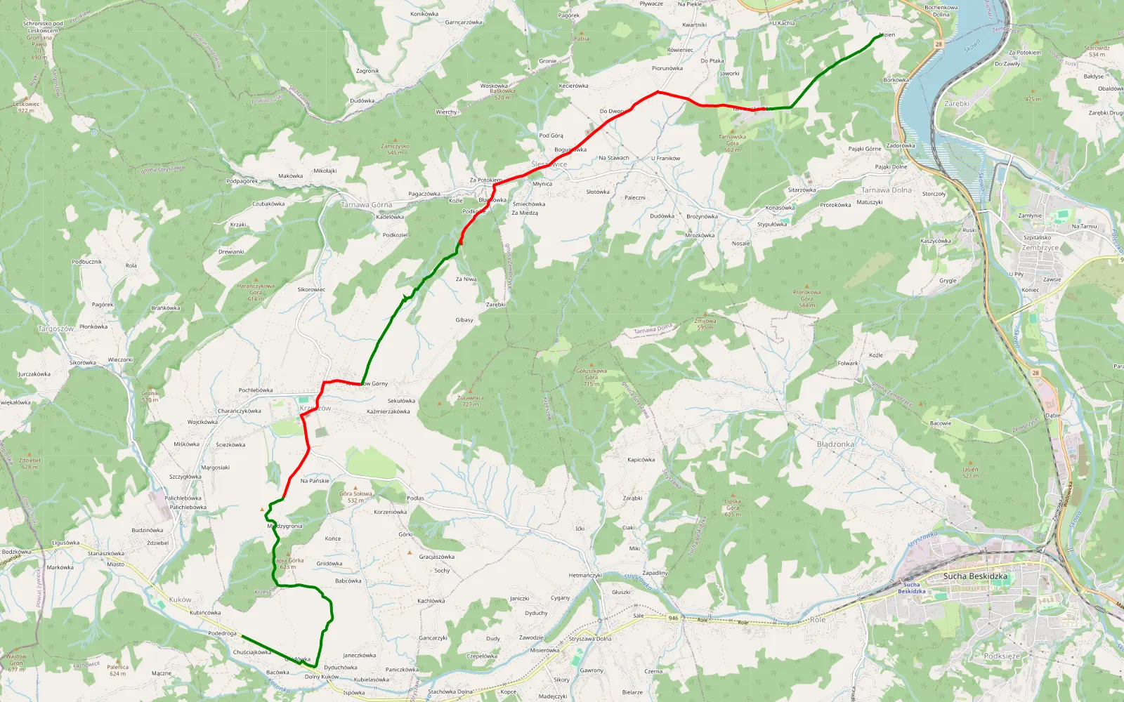 Mapa trasy Skawce - Kuków potok hard - 12.8 km trasy offroad, Powiat Suski