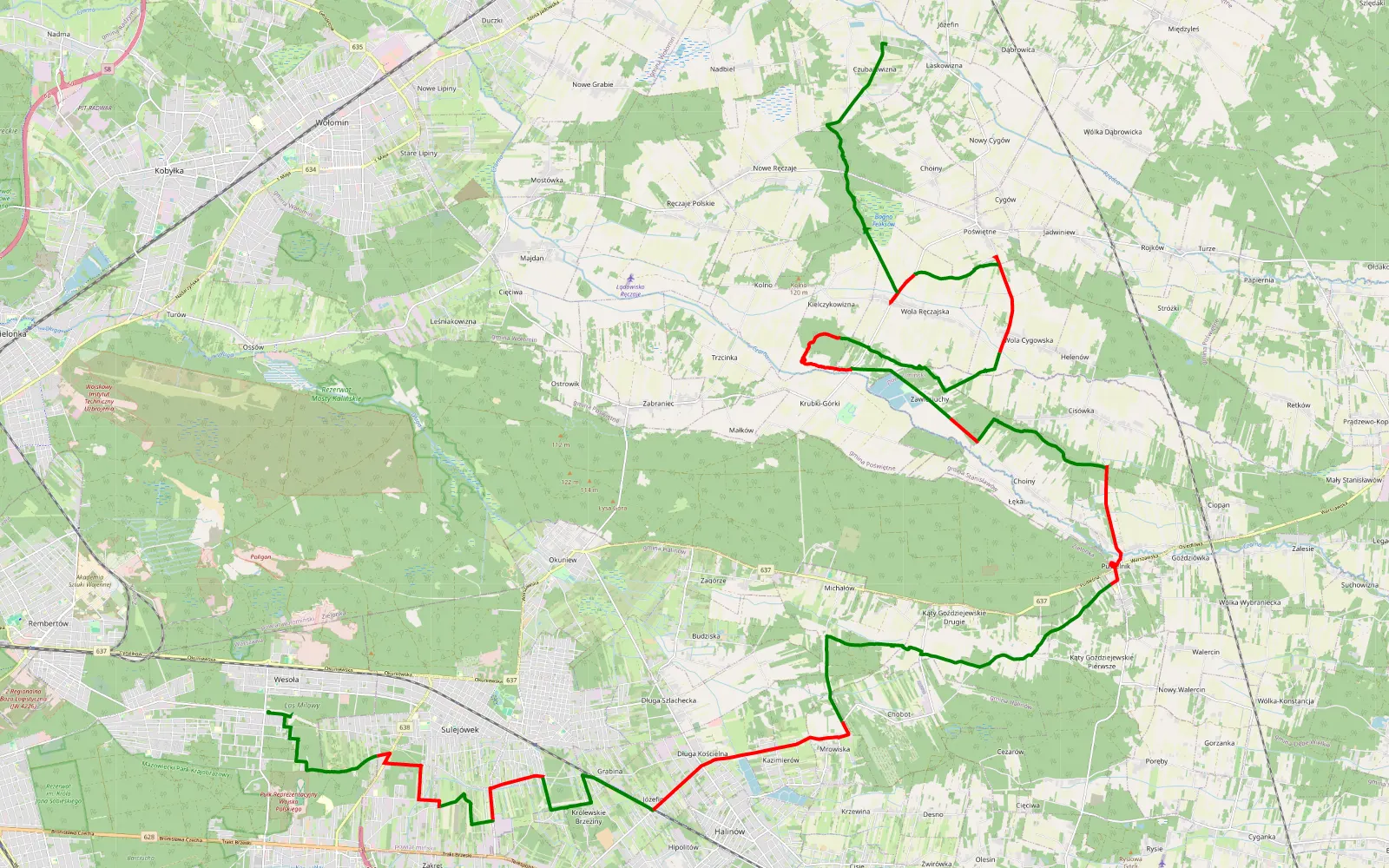 Mapa trasy Wesoła-Centrum - Czubajowizna - 46.3 km trasy offroad, Powiat Miński