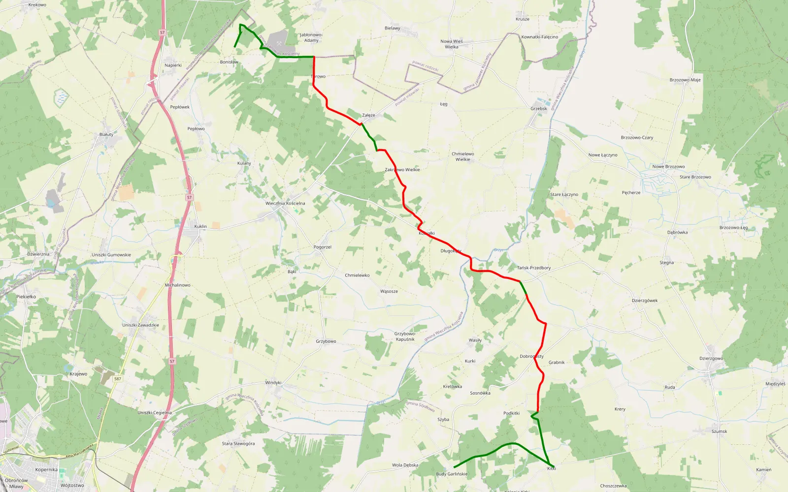 Map of Bonisław - Budy Garlińskie - 20.1 km offroad trail, Mława County
